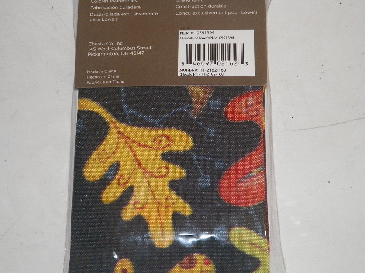 Back of the flag package with barcode over a close-up of a yellow oak leaf print