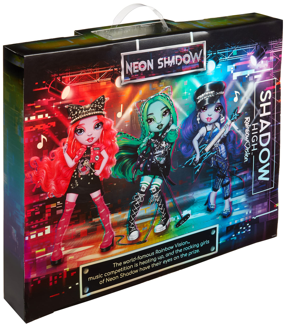Back of the Neon Shadow box showing three rocker dolls on a concert stage