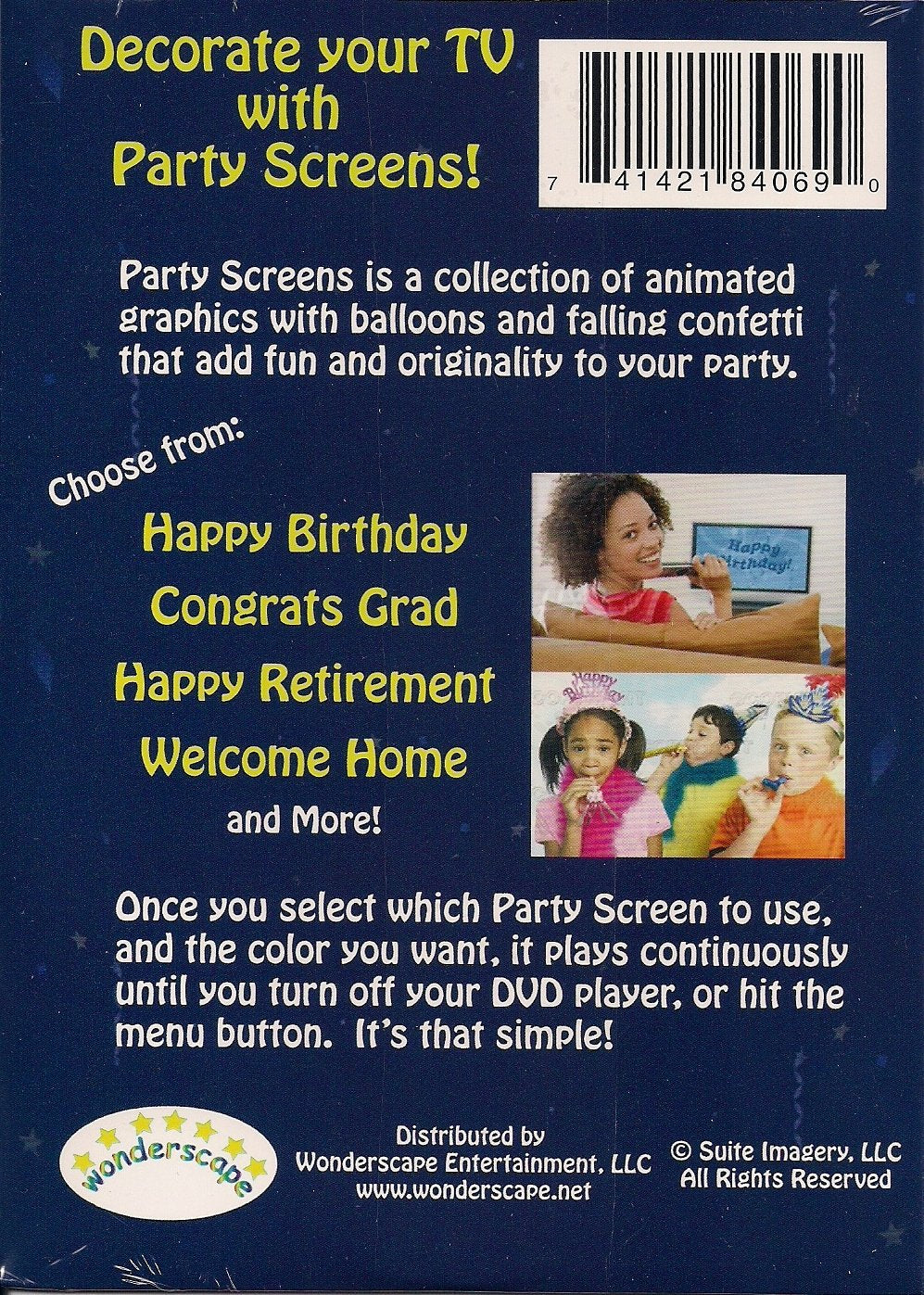 Back of the Party Screens DVD listing birthday, grad, retirement and welcome home screens