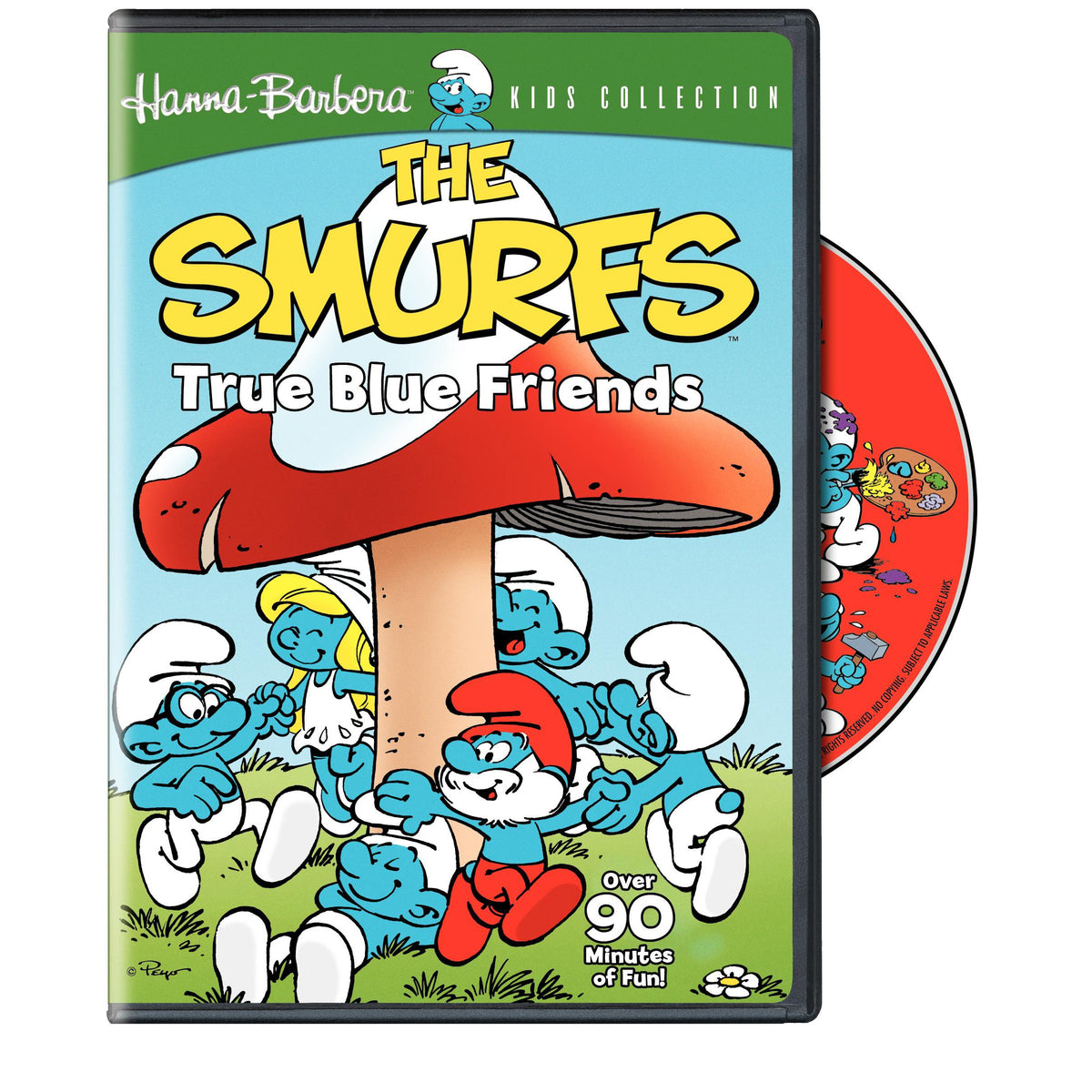 Cartoon DVD of little blue characters in white hats dancing around a red mushroom, with disc