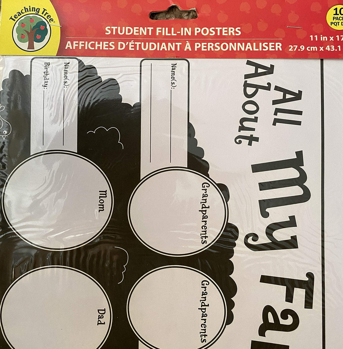 Pack of 10 student fill-in family posters, 11 x 17 inches, with a red header card