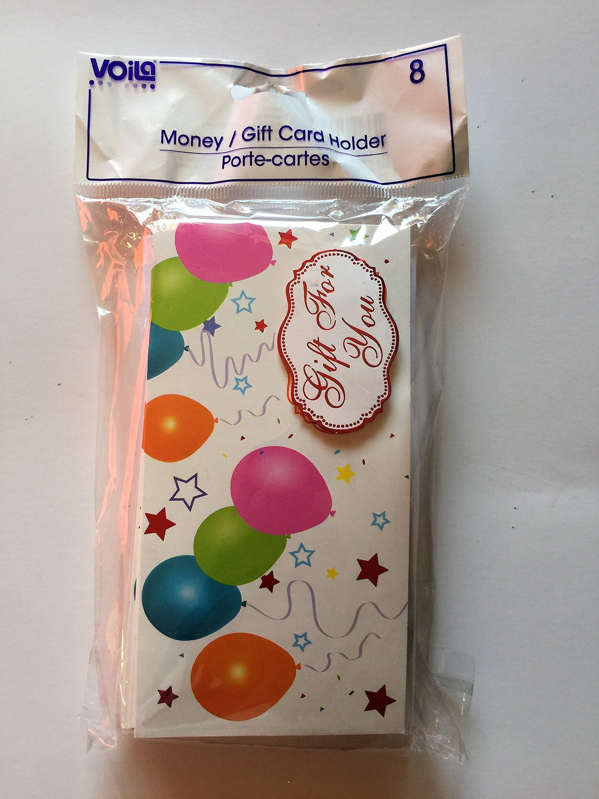 Pack of 8 money and gift card holders printed with balloons and a Gift For You label