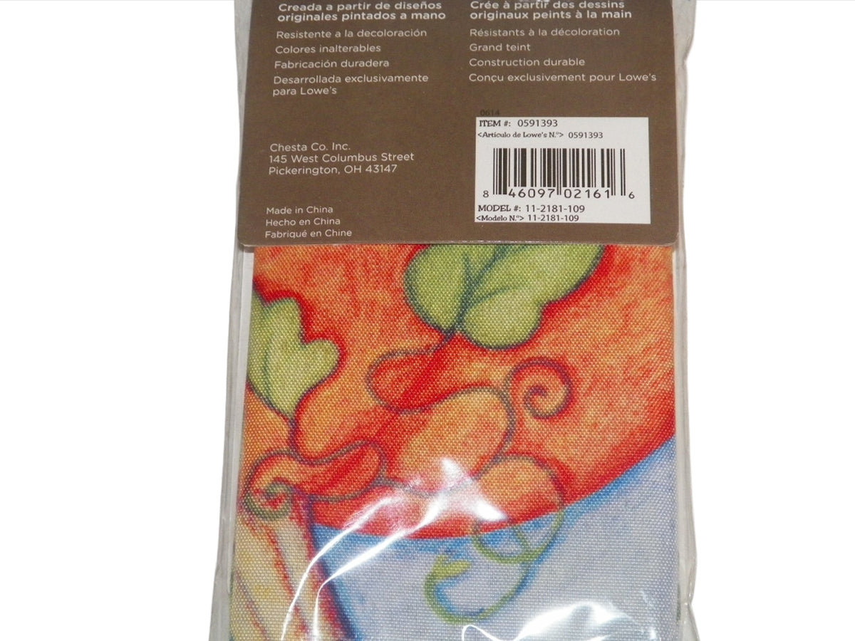 Back of the flag package with barcode label over a close-up of the pumpkin print