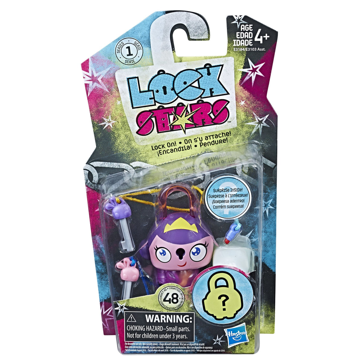 Lock Stars Series 1 purple princess padlock in its blister pack with keys and surprise charm
