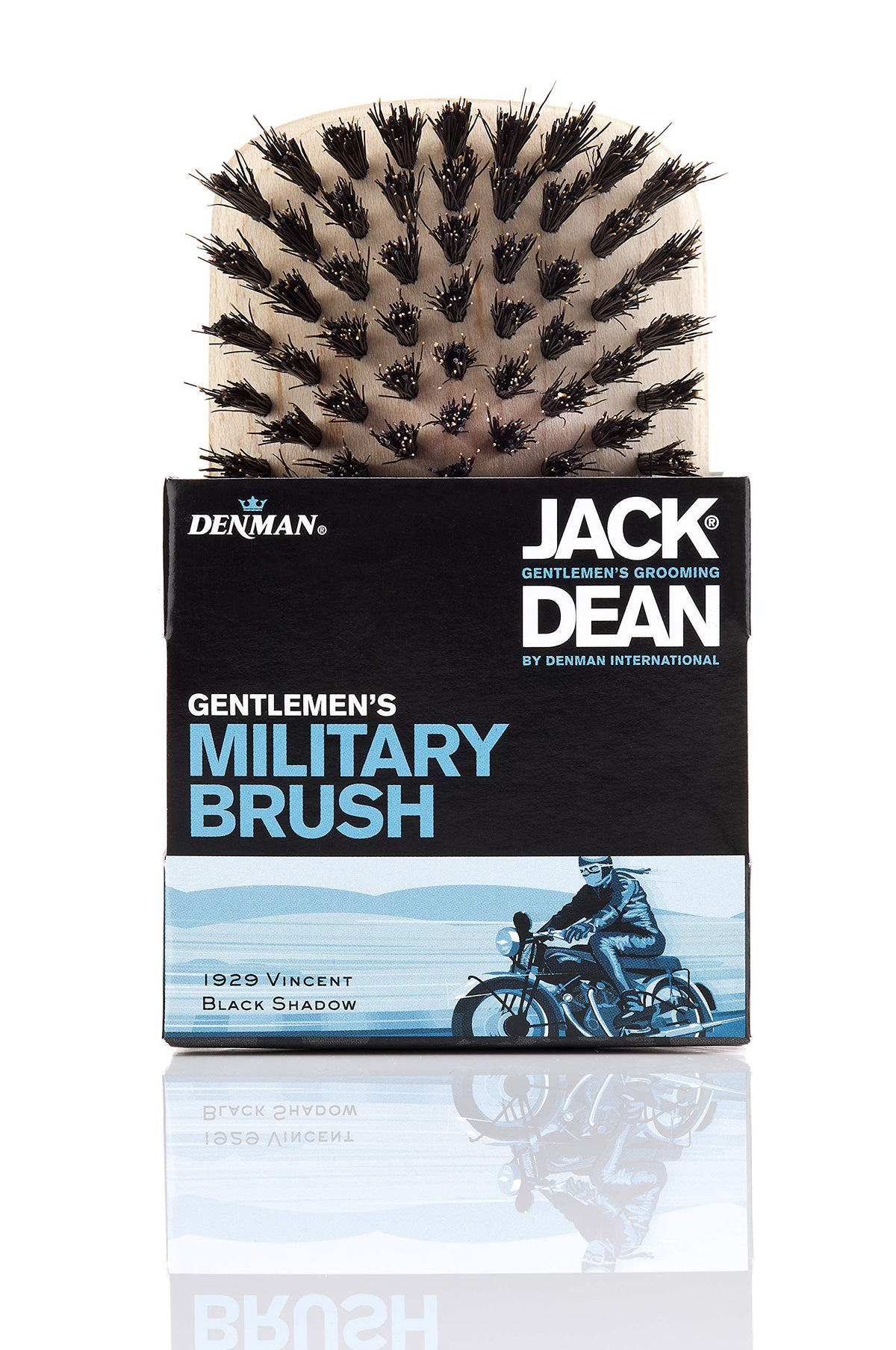 Beechwood military brush with dark boar bristles in black Jack Dean box with motorcycle art