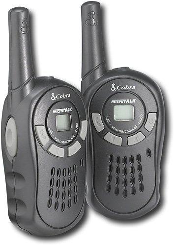 Pair of black compact two-way radios with small screens