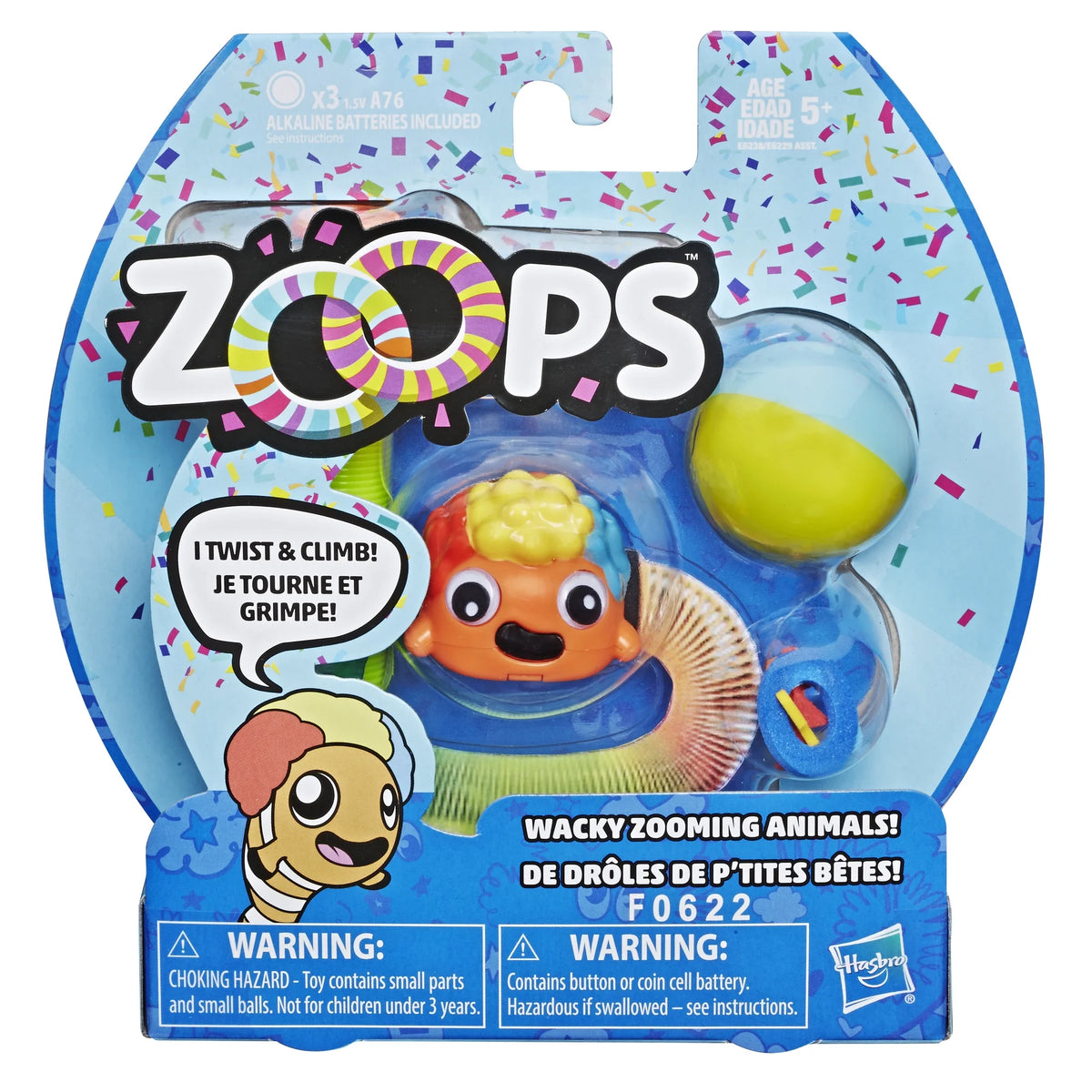 Blister pack of the clownfish twist and climb toy with spring, ball and foam pieces, ages 5+