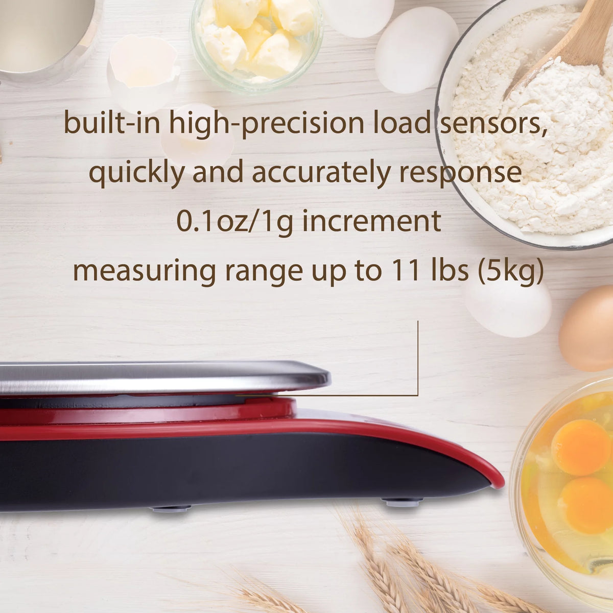 Side view of the scale platform with text on its 11 lb capacity and 1 g increments