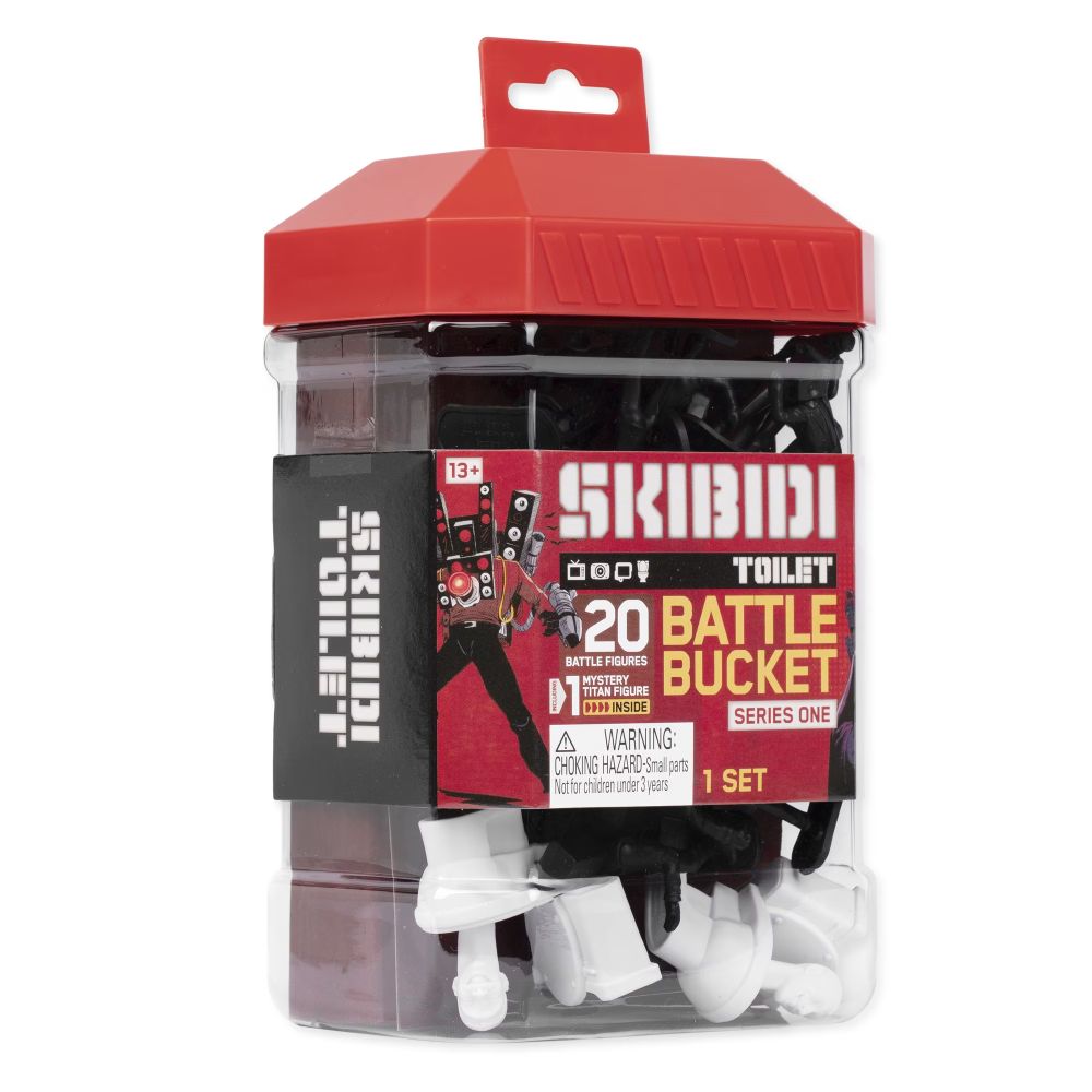 Skibidi Toilet Battle Bucket, clear tub with red lid full of black and white figures