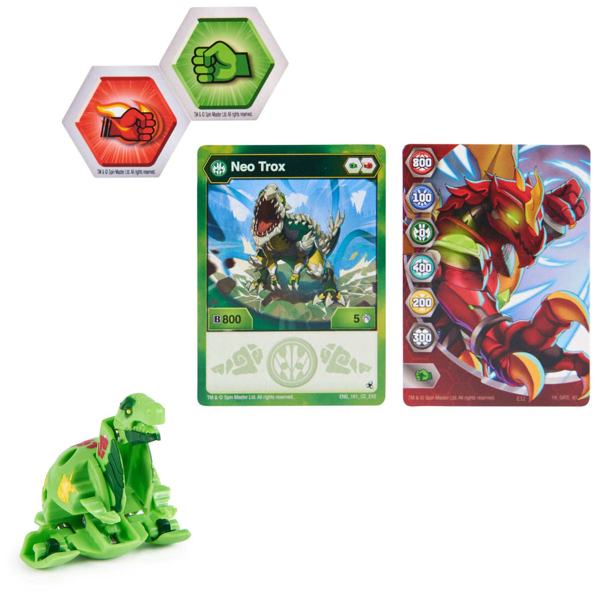 Green Neo Trox dinosaur figure with tokens, character card and Gate card