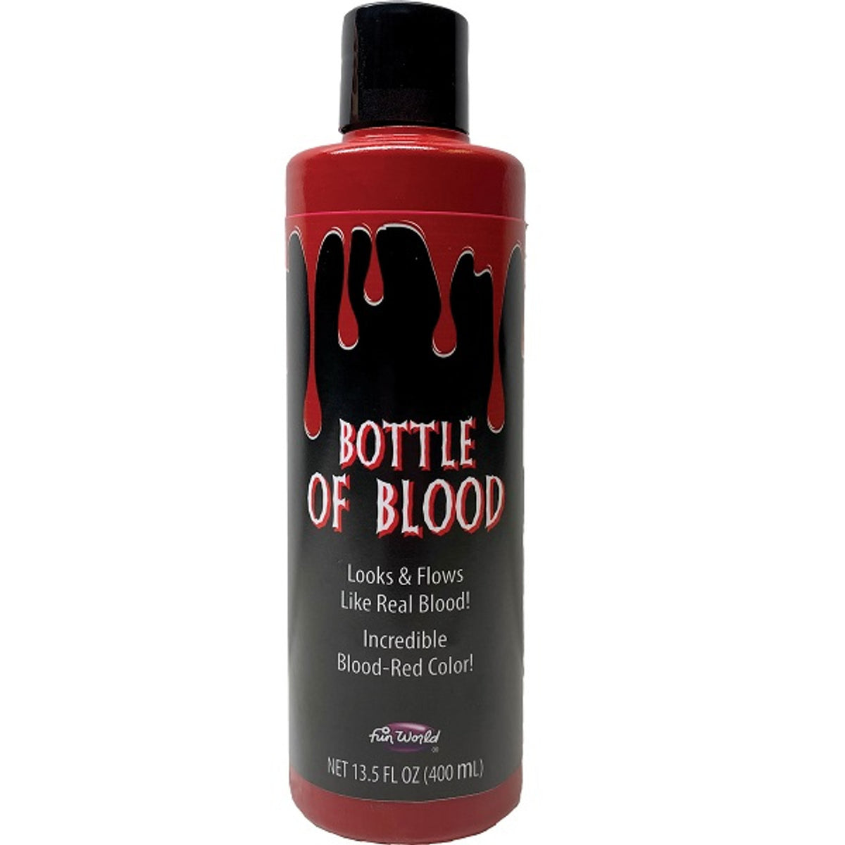 Red and black bottle of fake stage blood with dripping lettering, 13.5 fl oz