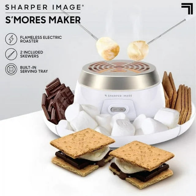 Two marshmallows toasting on skewers above the electric s'mores maker