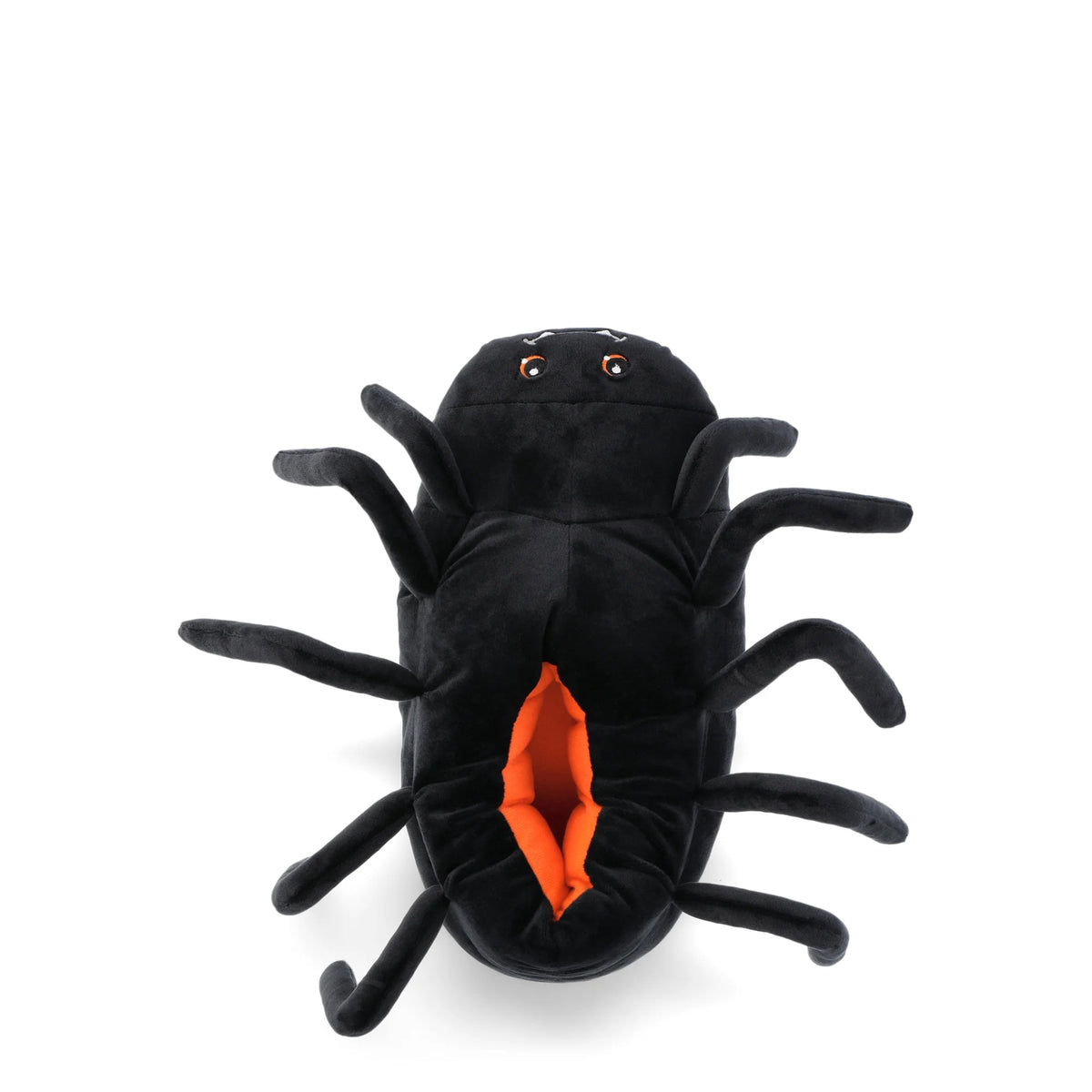 Top view of the spider slipper showing the orange-lined opening and eight legs