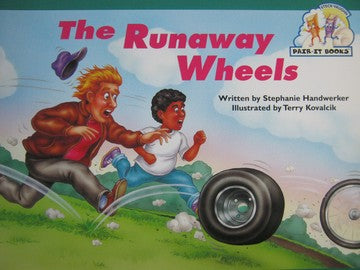 The Runaway Wheels cover, a man and boy chasing a rolling tire downhill