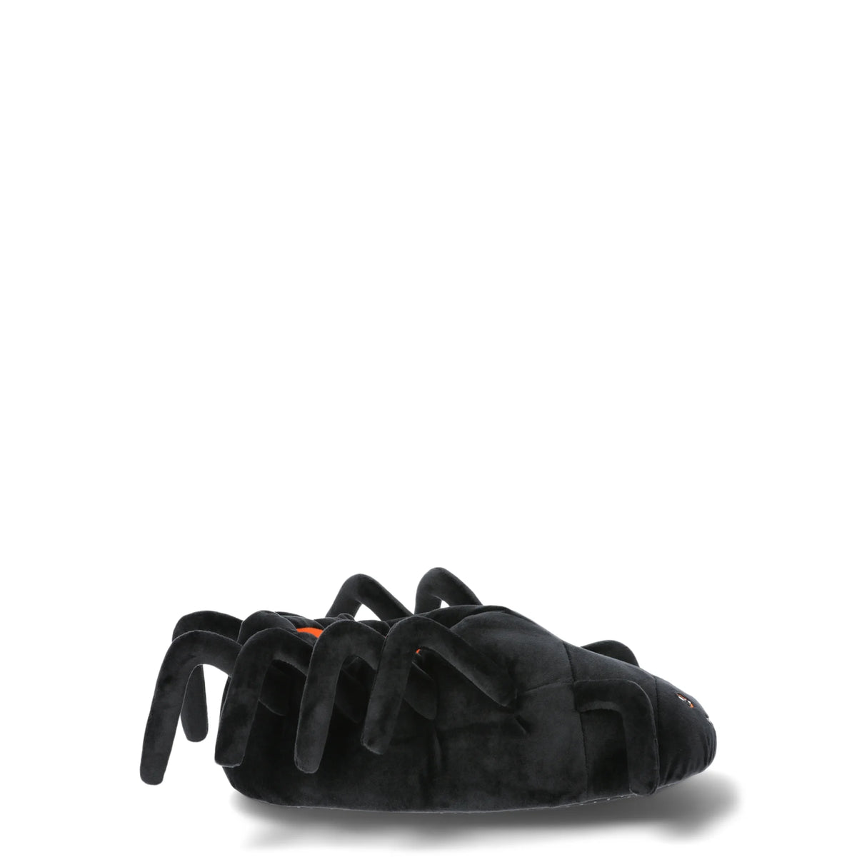 Side view of the black velvety spider slipper with eight curled plush legs