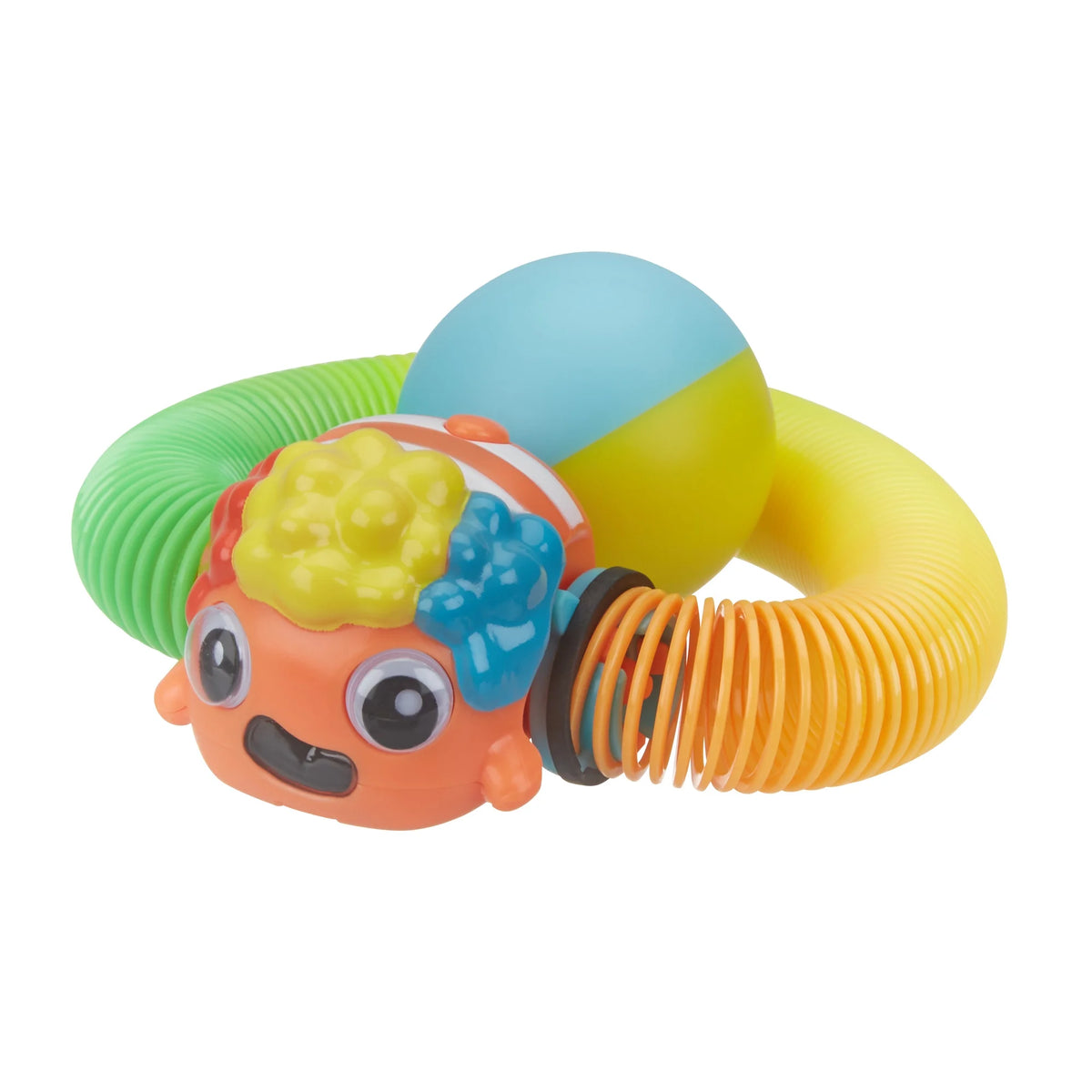 Close-up of the googly-eyed clownfish head on a green, yellow and orange spring with its ball
