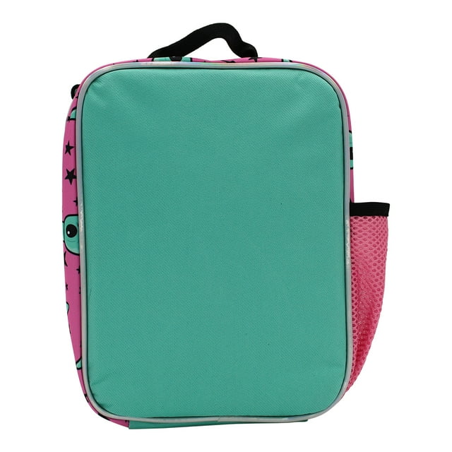 Back of the lunch bag in plain teal with a pink mesh side pocket