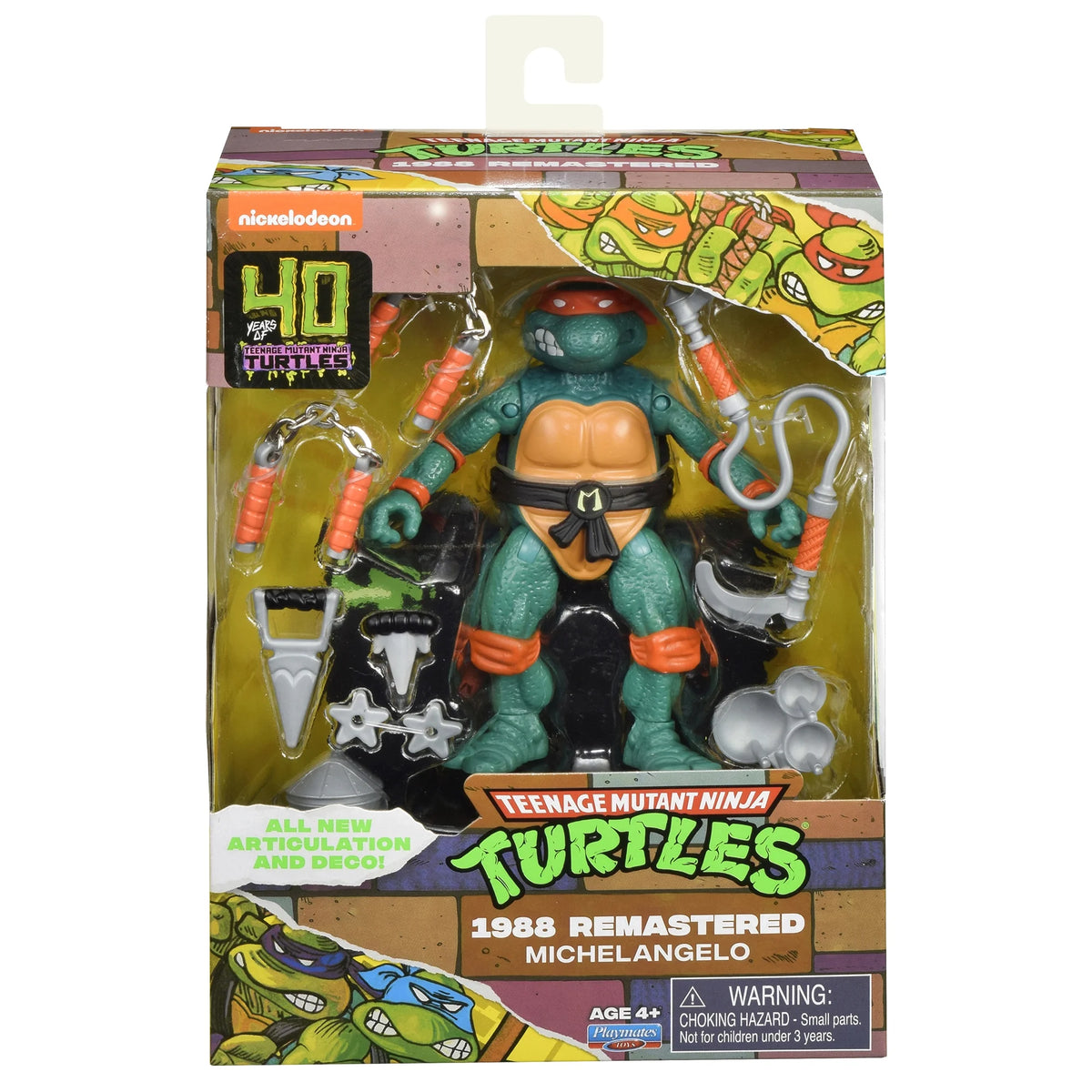 Front of the boxed orange-masked turtle figure with 40 years badge