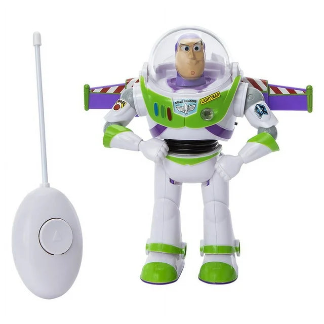 Buzz Lightyear figure with wings open standing beside its white remote