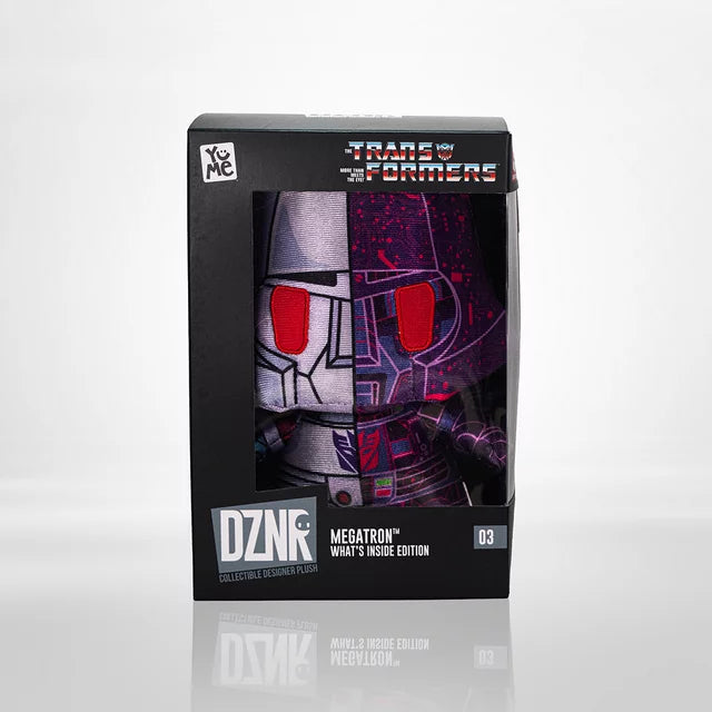 YuMe DZNR Megatron What's Inside Edition plush in its window box