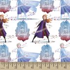 White fabric printed with Anna and Elsa and blue In My Element text, by a ruler
