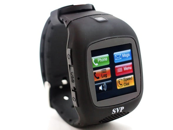 Black watch phone at an angle showing the USB port on its side