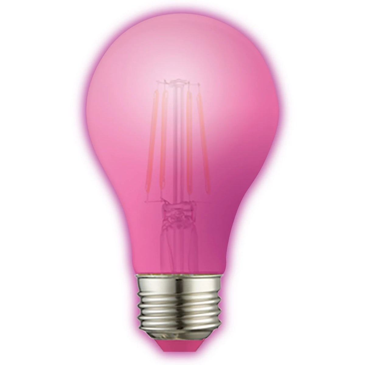 Glowing pink A19 LED filament bulb with a silver E26 screw base