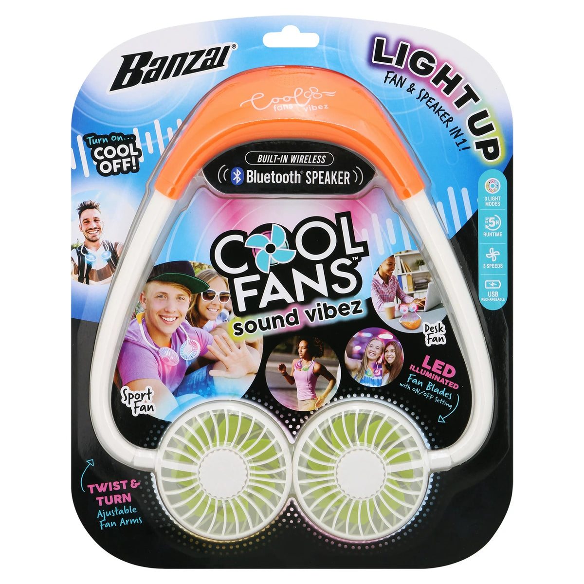 Orange and white wearable neck fan with two fans on flexible arms