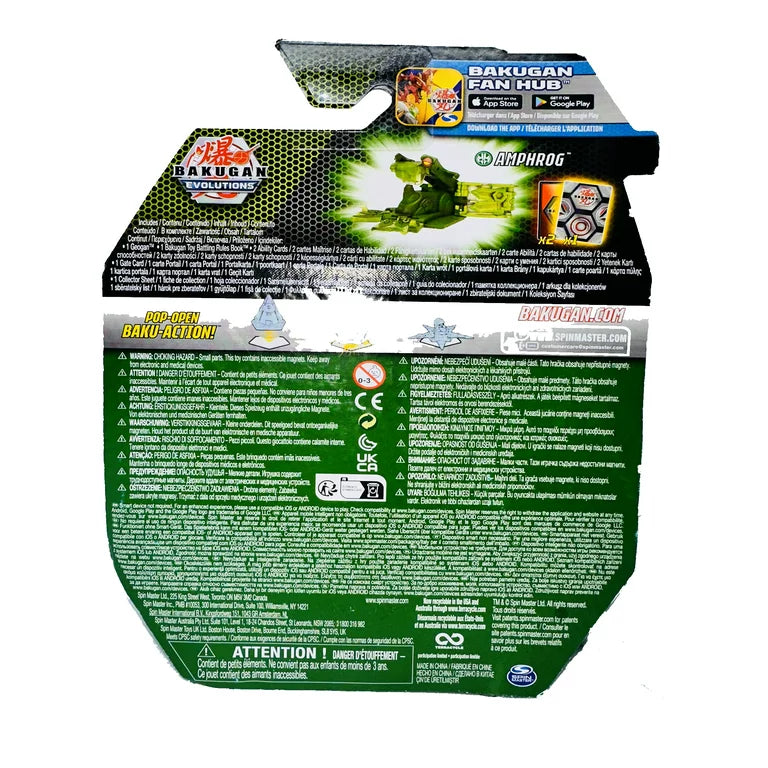 Back of the Amphrog blister card with contents list and Bakugan Fan Hub app