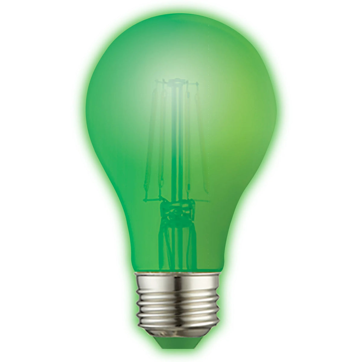 Glowing green A19 LED filament bulb with a silver E26 screw base