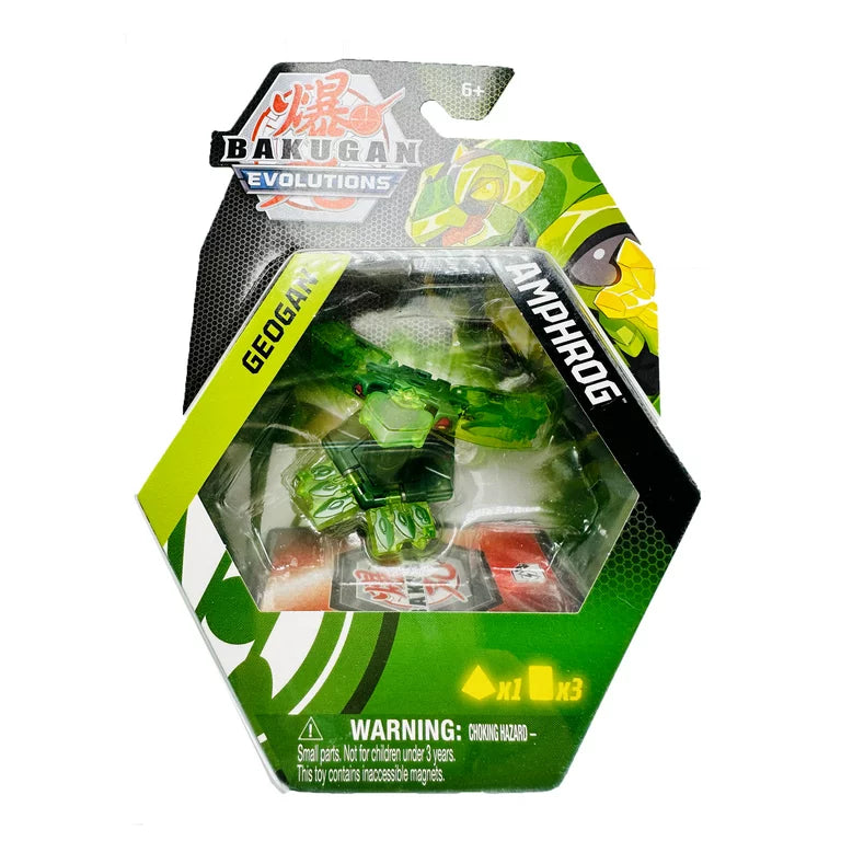 Front of the Bakugan Evolutions Geogan Amphrog pack, green frog figure