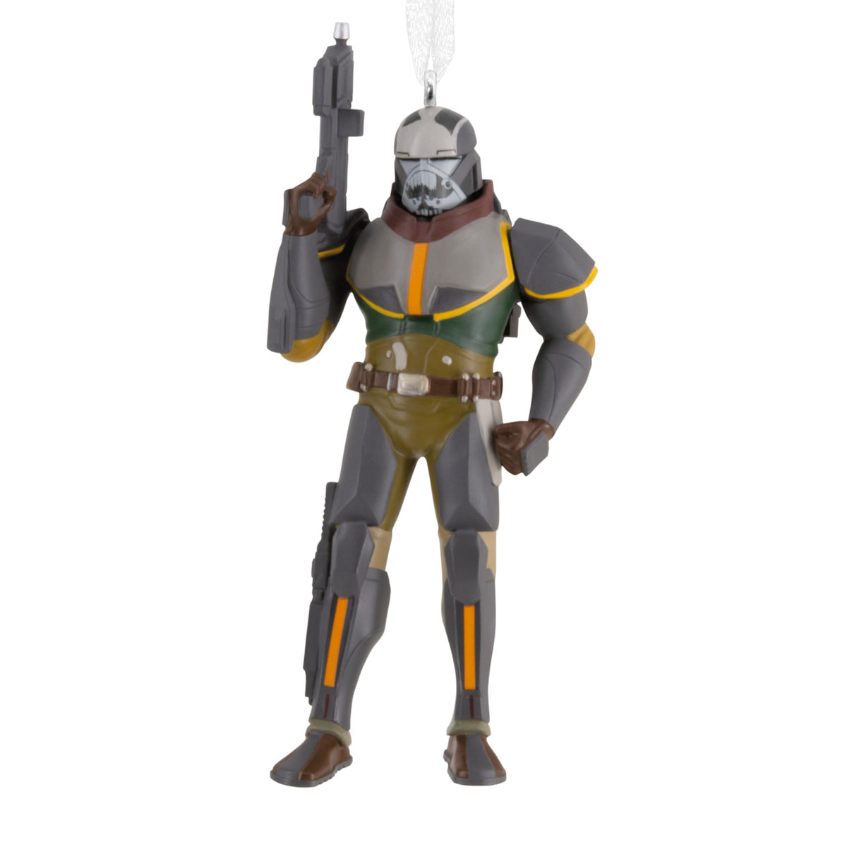 Ornament of a bulky armoured soldier with a skull-painted helmet holding a blaster