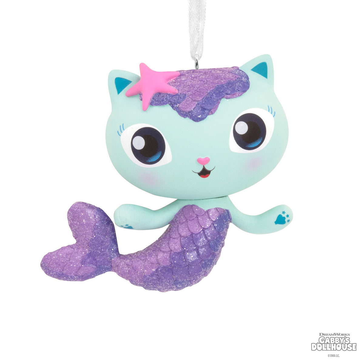 Mint mermaid cat ornament with big blue eyes and a sparkly purple tail