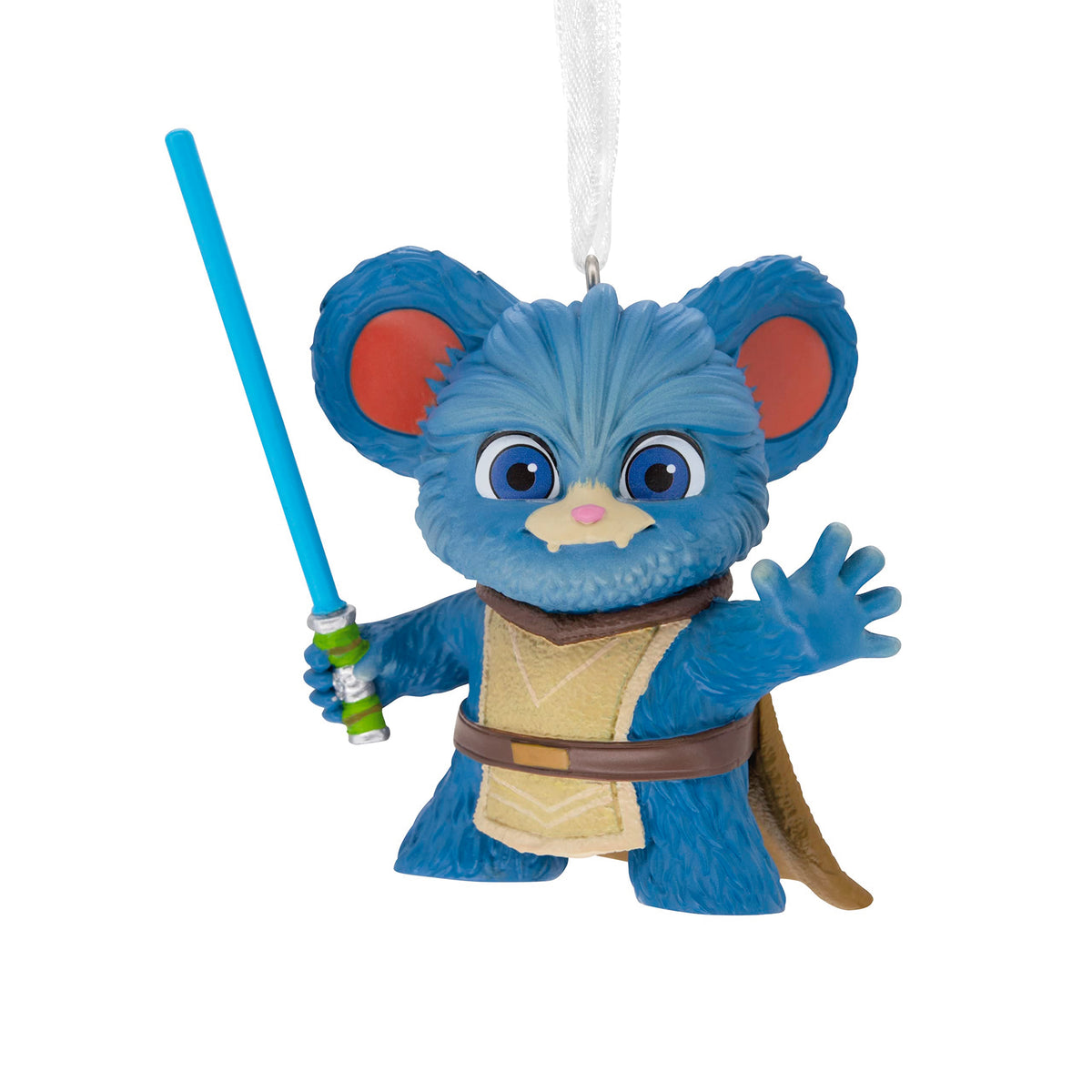 Ornament of a fuzzy blue mouse-eared creature waving and holding a blue lightsaber