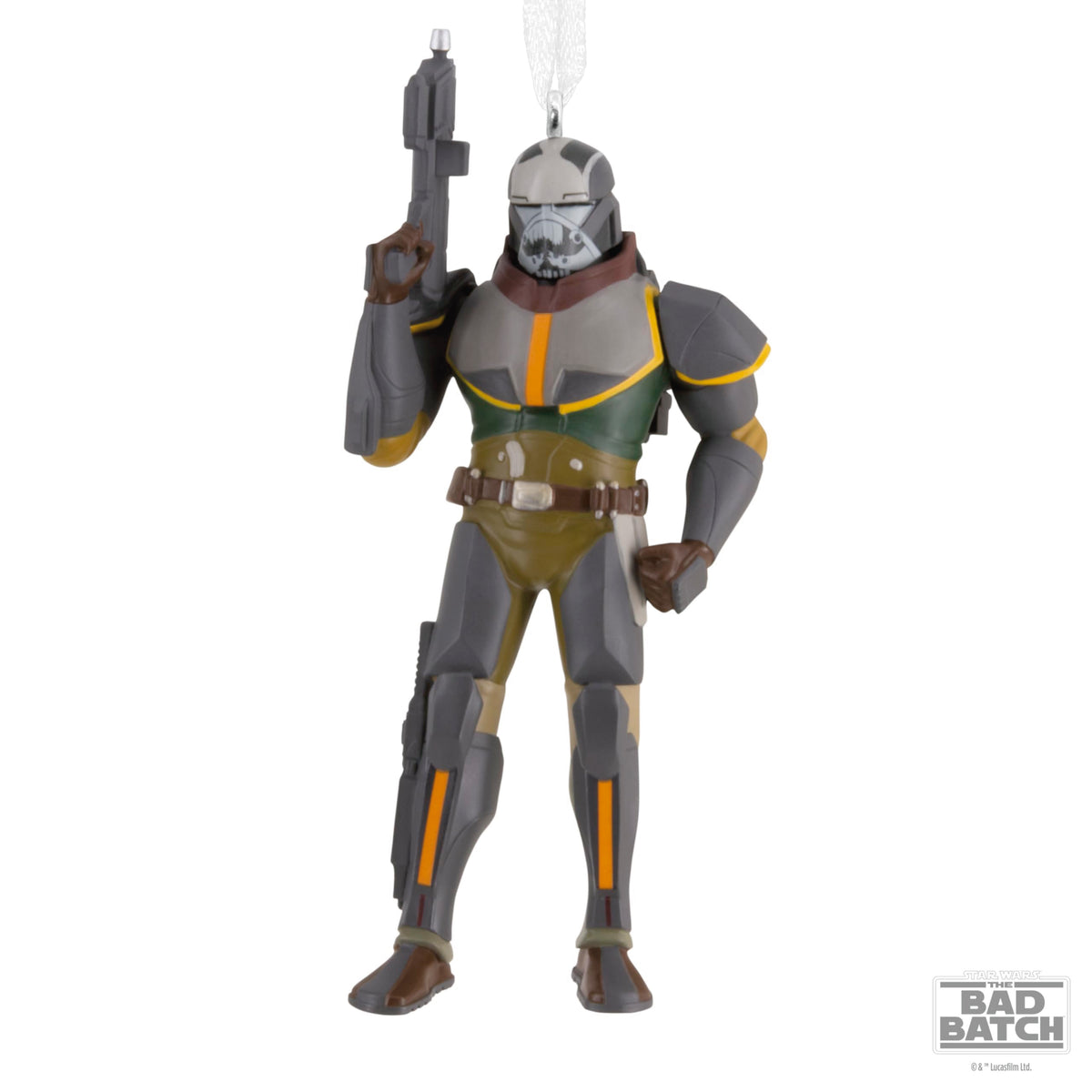 Grey and green armoured soldier ornament with orange stripes and a rifle