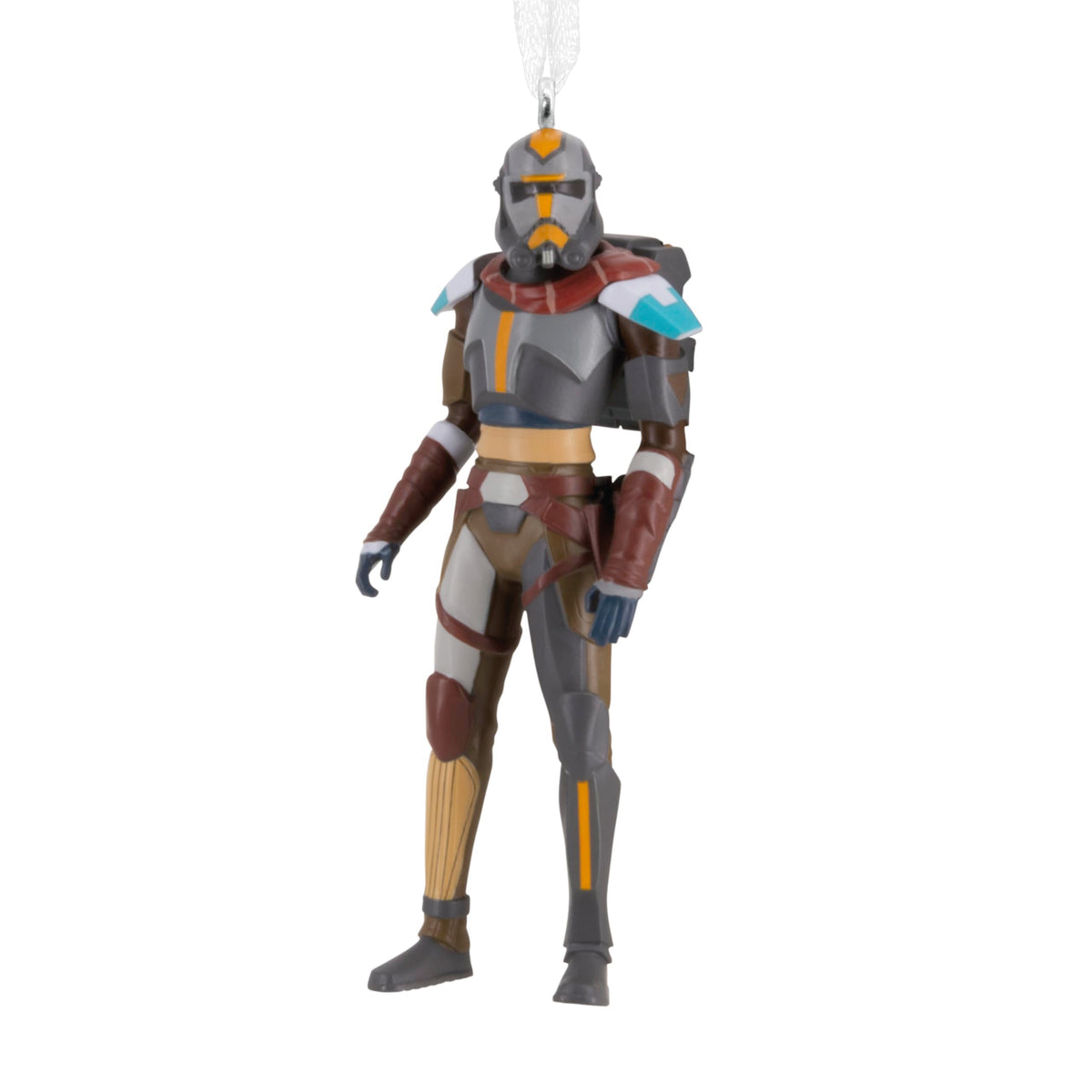 Ornament of an armoured soldier in a grey and orange helmet with a red scarf