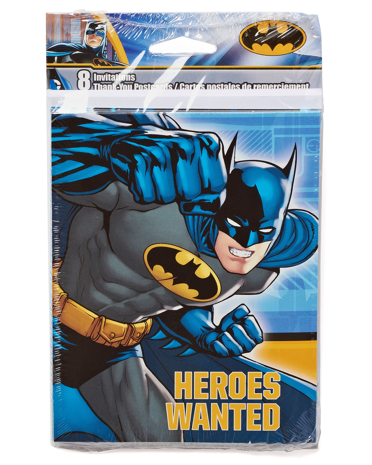 Shrink-wrapped pack of 8 Batman Heroes Wanted invitations and thank-you postcards