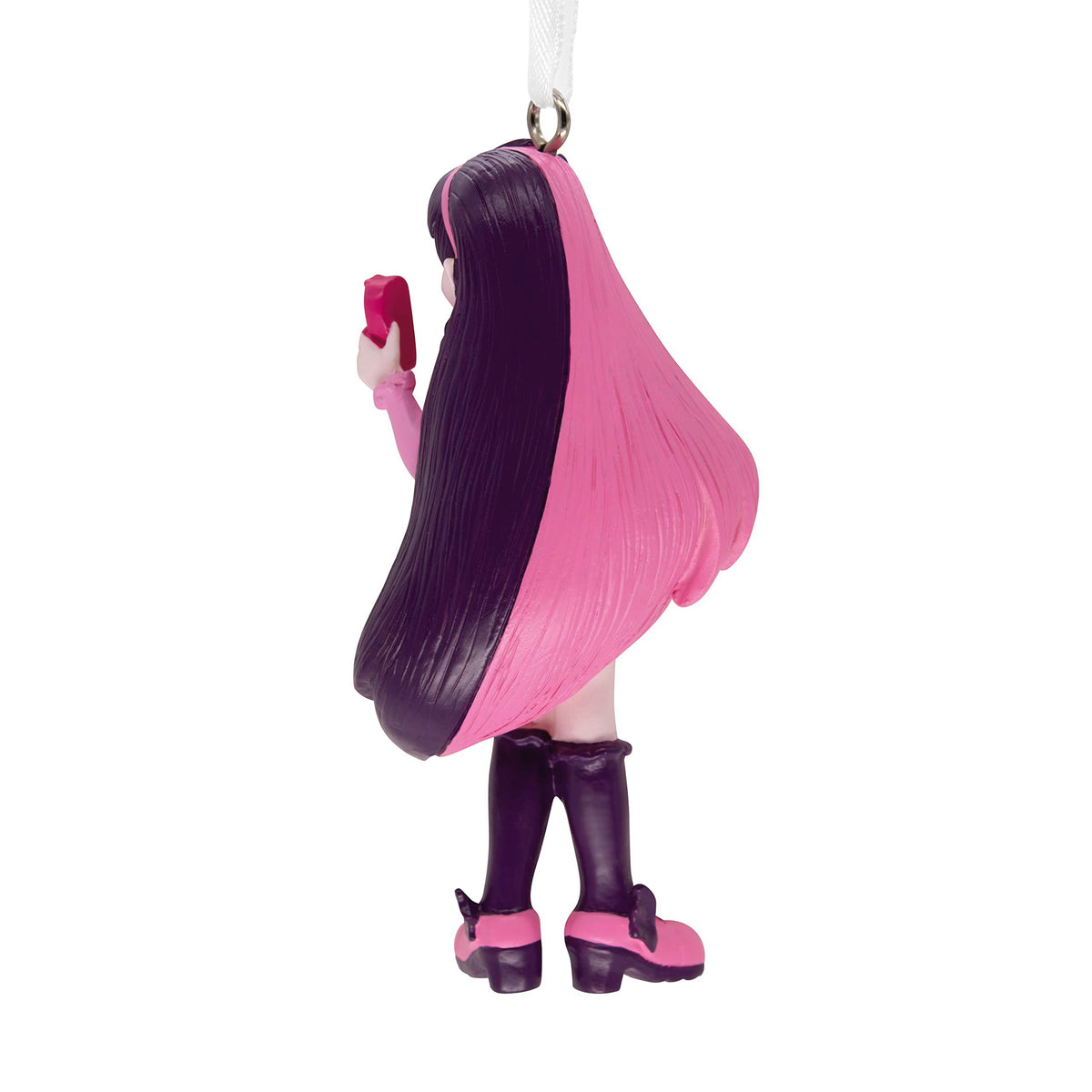 Back of the ornament showing long two-tone pink and purple hair