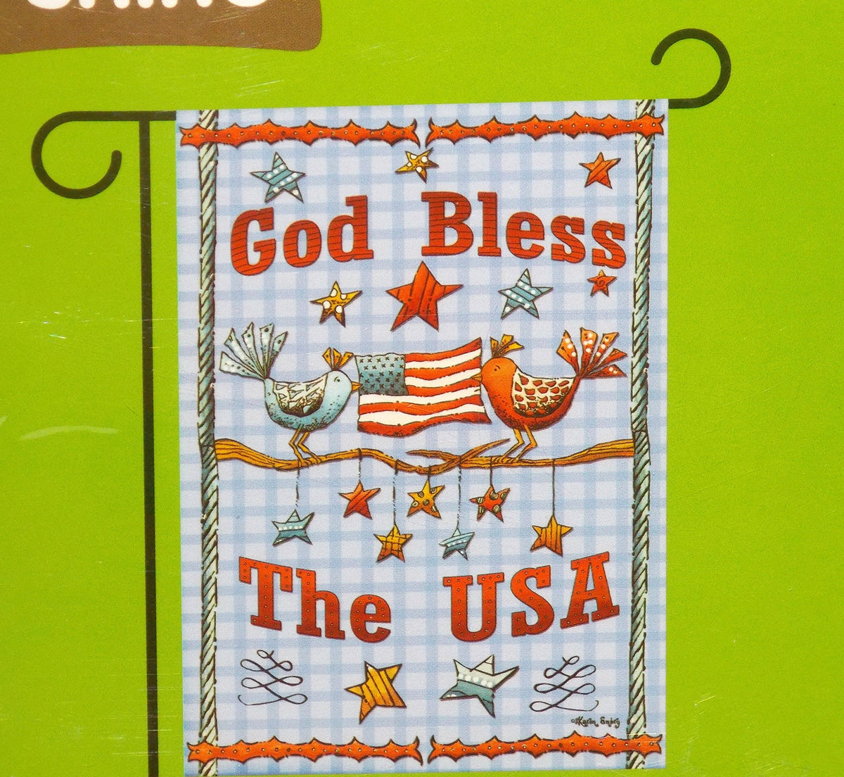 Blue gingham garden flag with two folk-art birds holding a US flag and God Bless The USA