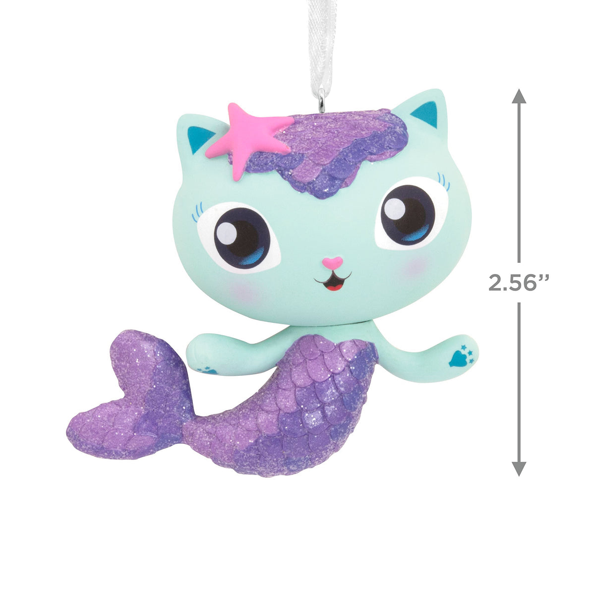 Size guide showing the mermaid cat ornament at 2.56 inches tall