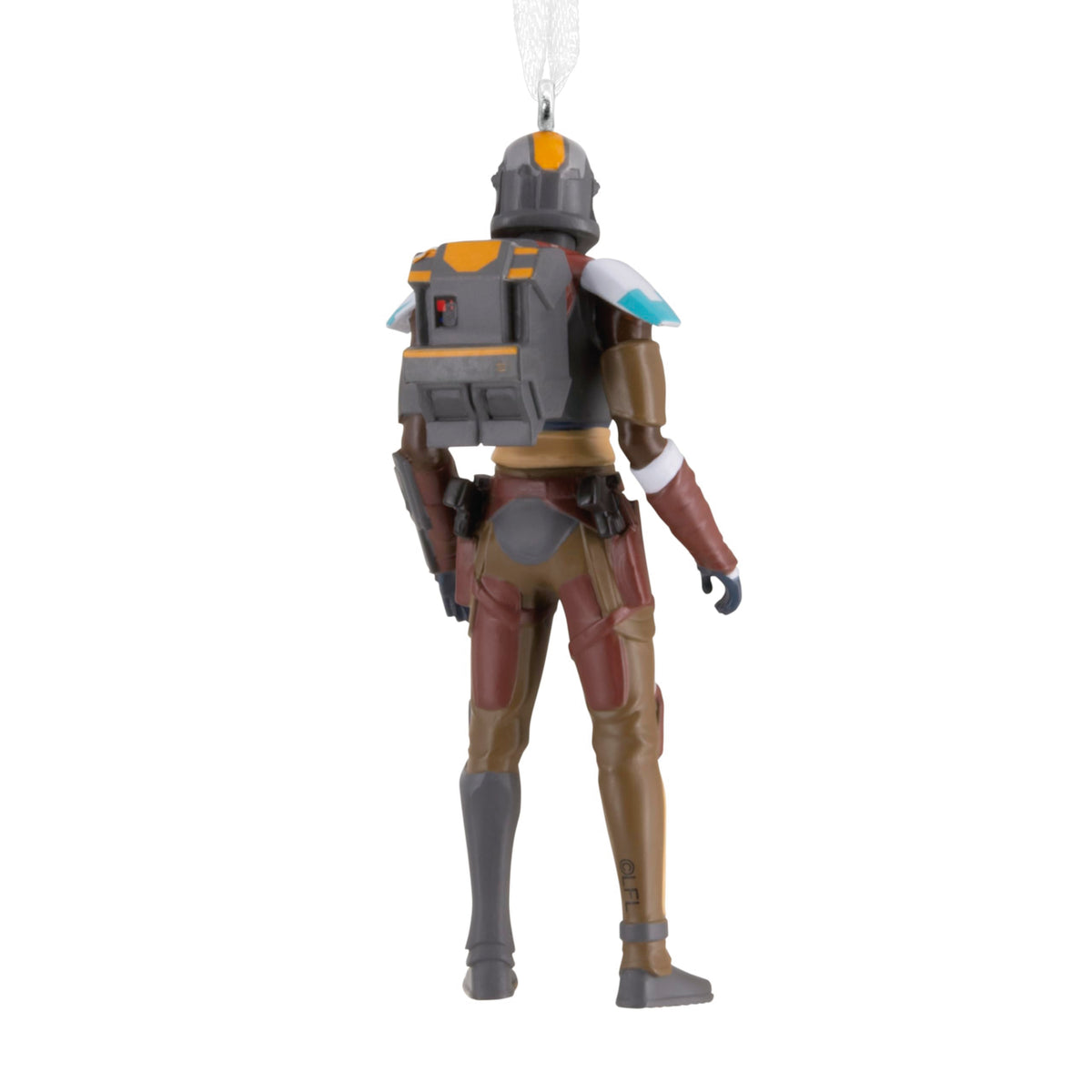 Back of the soldier ornament showing the grey and orange backpack