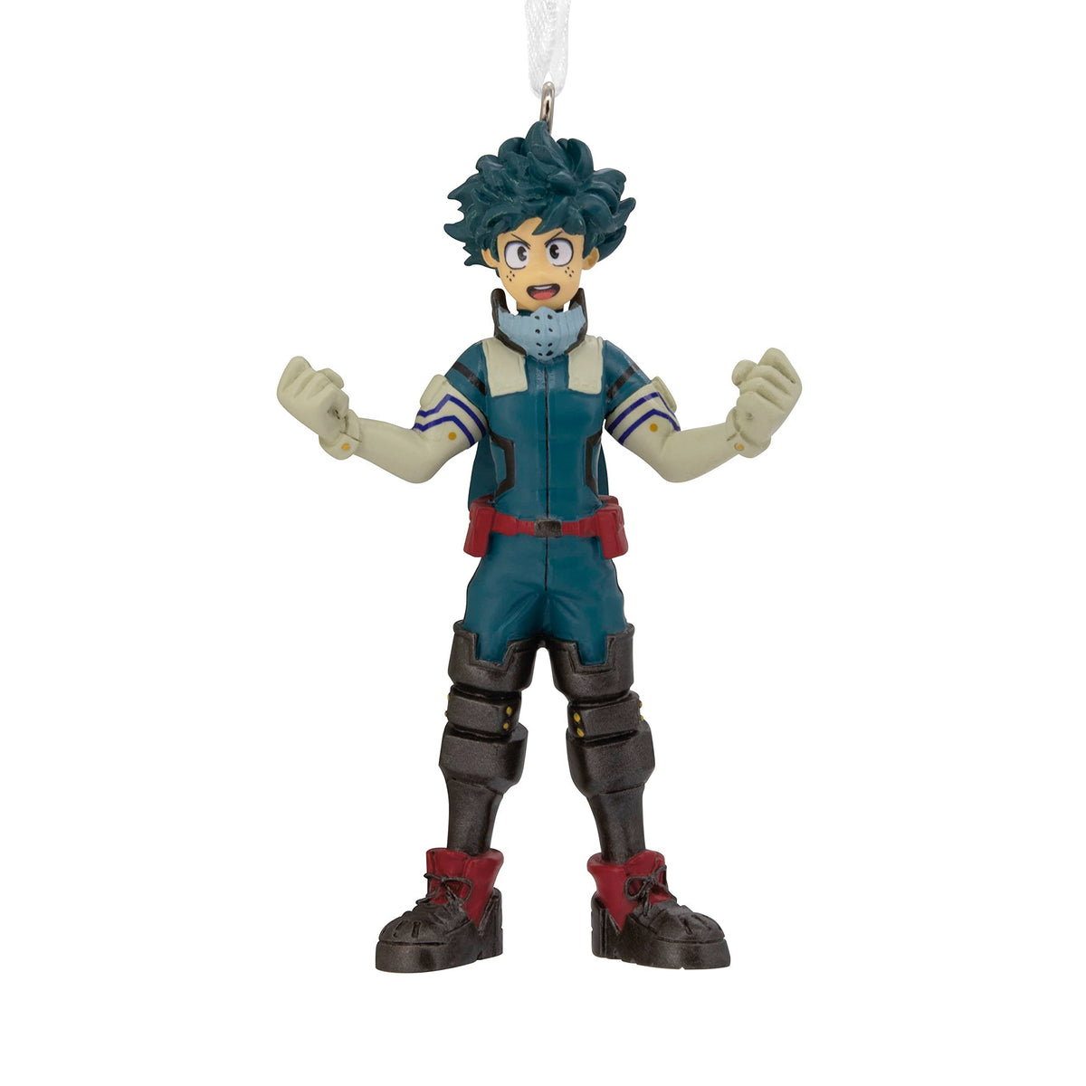 Ornament of a green-haired anime hero in a teal suit with fists raised
