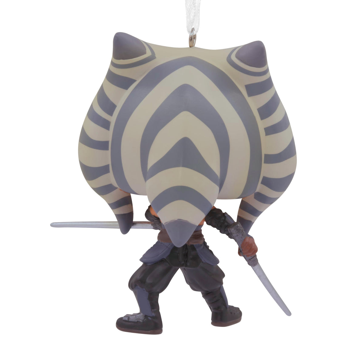 Back of the warrior ornament showing grey and cream striped head-tails