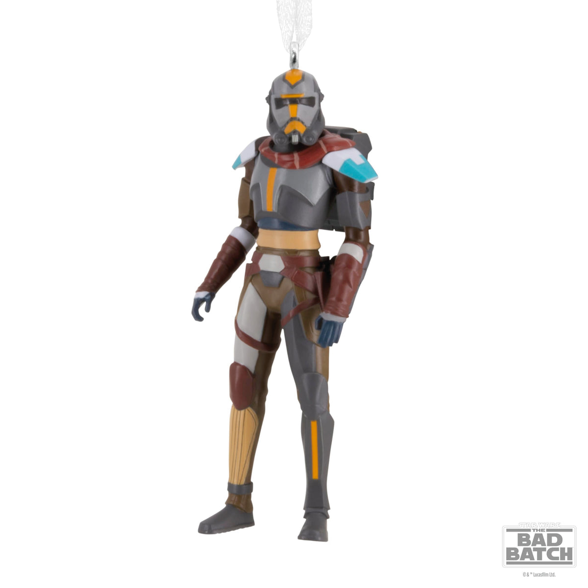 Grey, brown and orange armoured soldier ornament with a backpack
