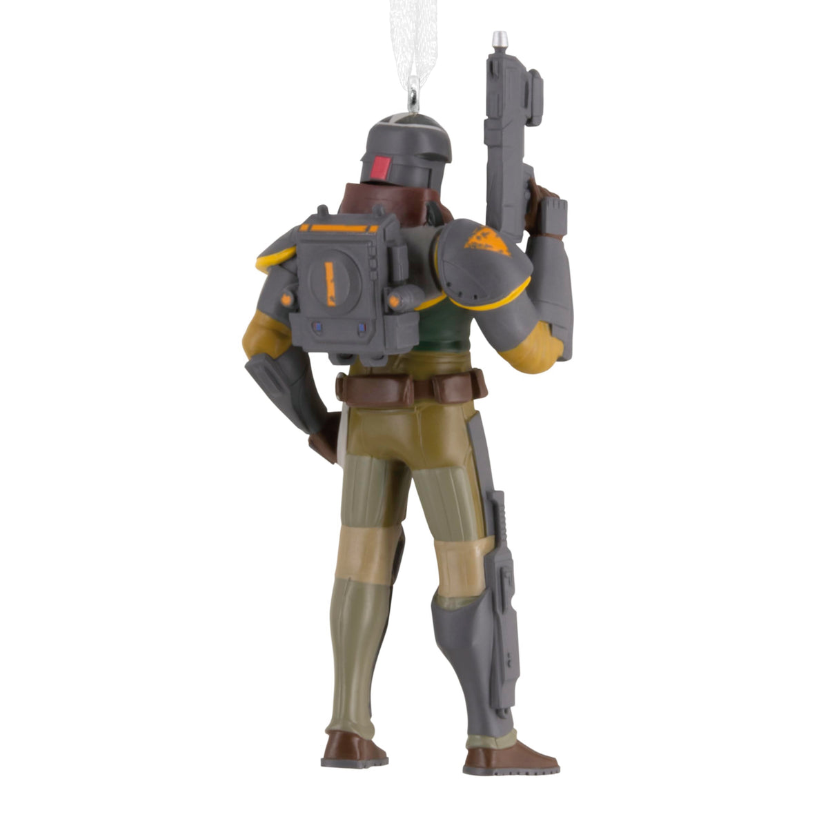 Back of the soldier ornament showing a grey backpack and holstered rifle