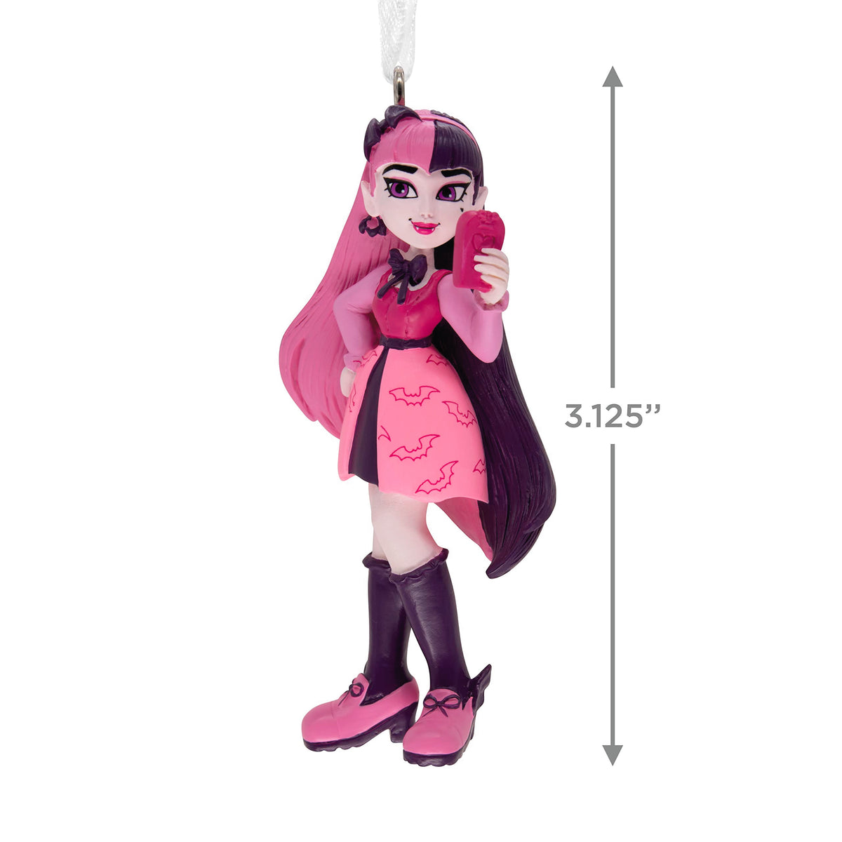 Size guide showing the vampire girl ornament at 3.125 inches tall