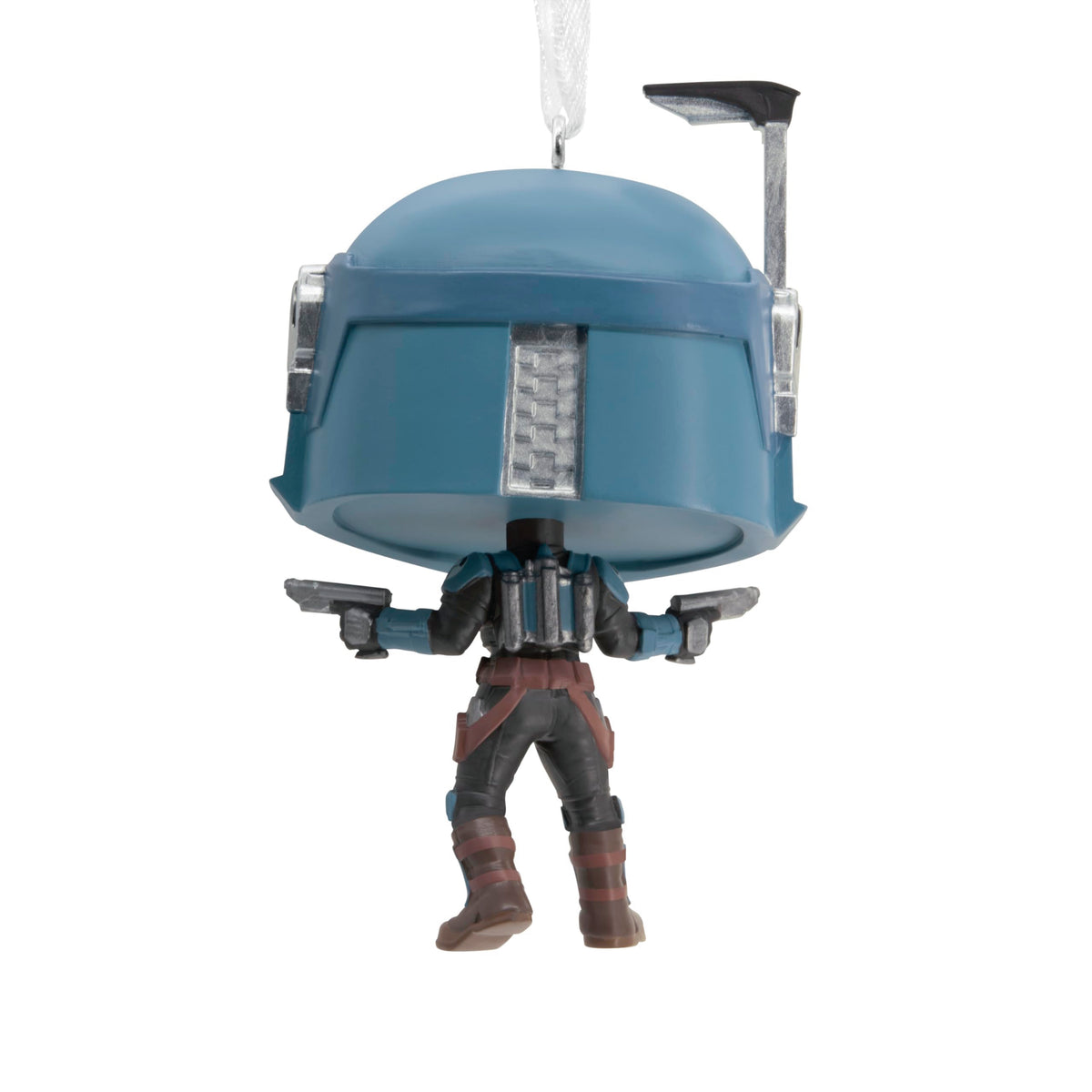 Back of the vinyl warrior ornament showing the blue helmet, antenna and jetpack