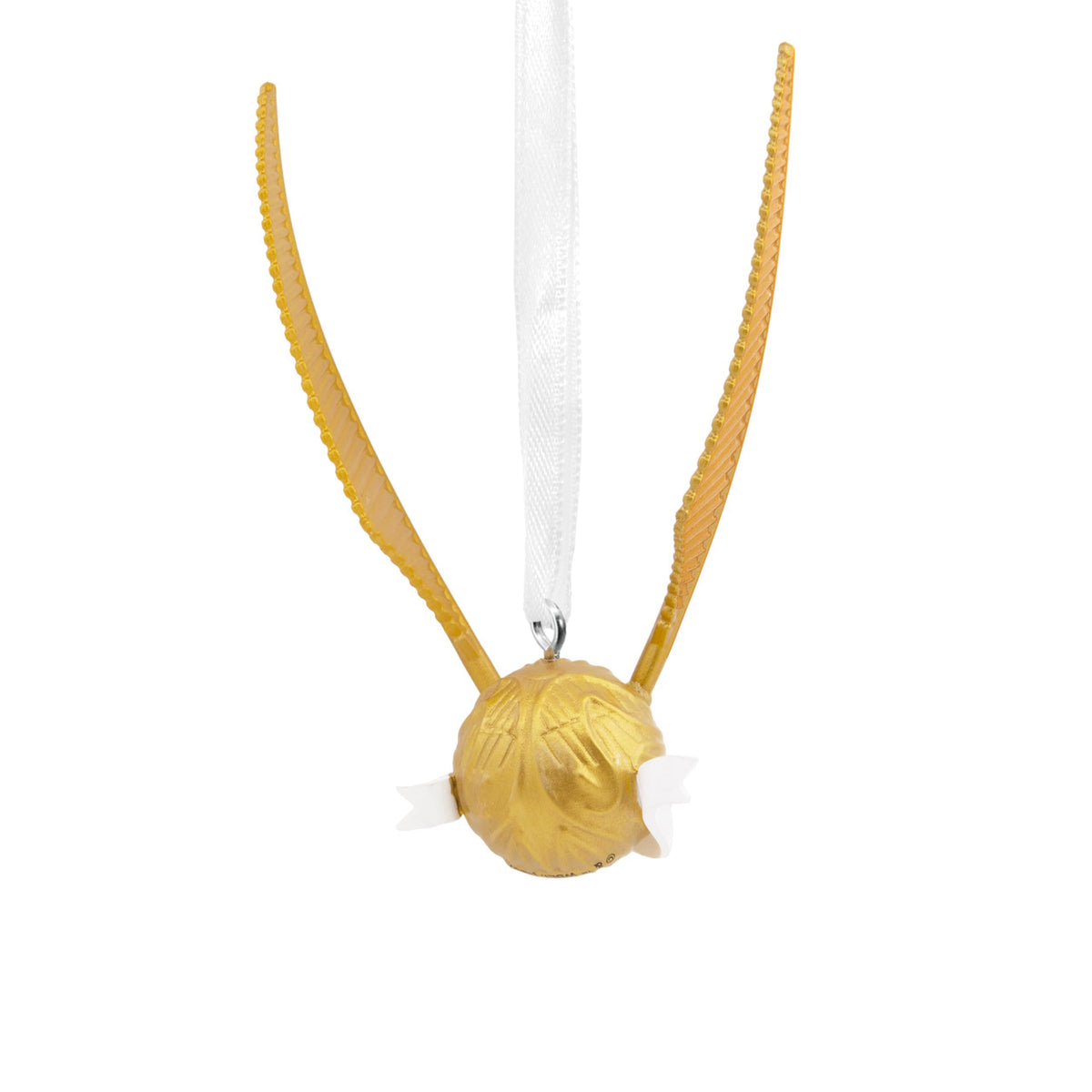 Back of the gold winged ball ornament with etched wing detail