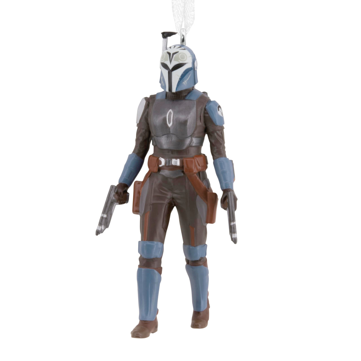 Ornament of an armoured warrior in a blue and white helmet holding two blasters