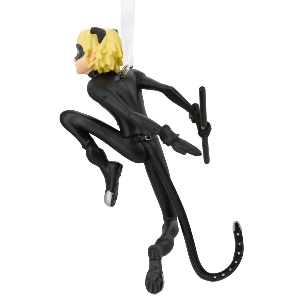 Back of the cat hero ornament showing blond hair, staff and belt tail